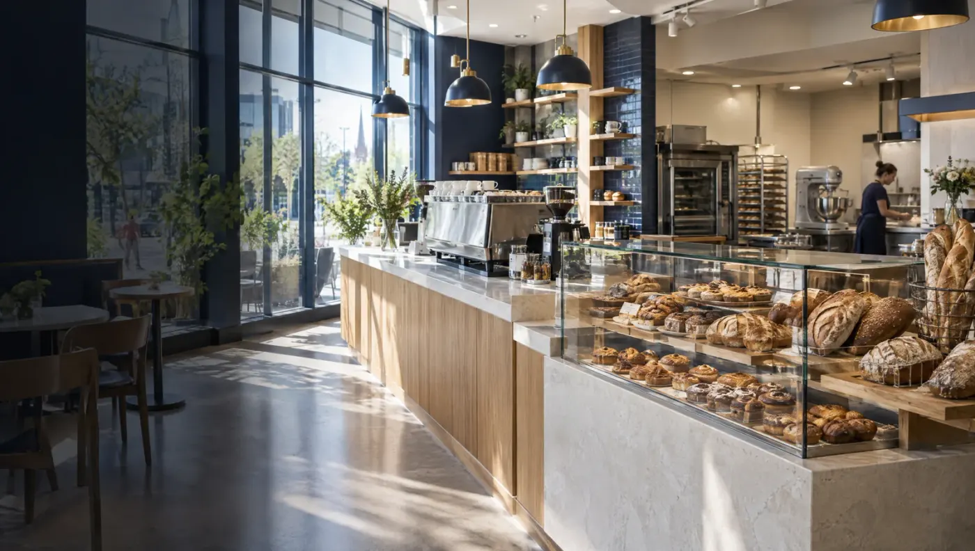 Bakery interior with a service counter and customer seating